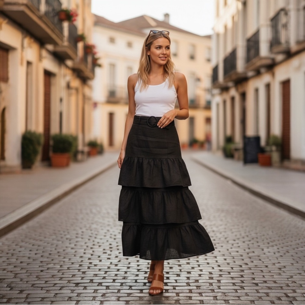🖤 Capulet x Revolve Black Linen Ruffle Midi Skirt - XS
